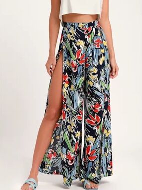Lulus Pauma Navy Blue Print Wide-Leg Pants - large